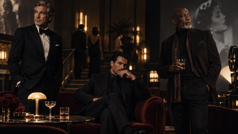 Cinematische editorial met drie charismatische mannen in een elegante lounge
