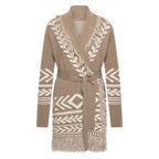 HV Society vest taupe met ecru motief, franjes en strikceintuur voor dames