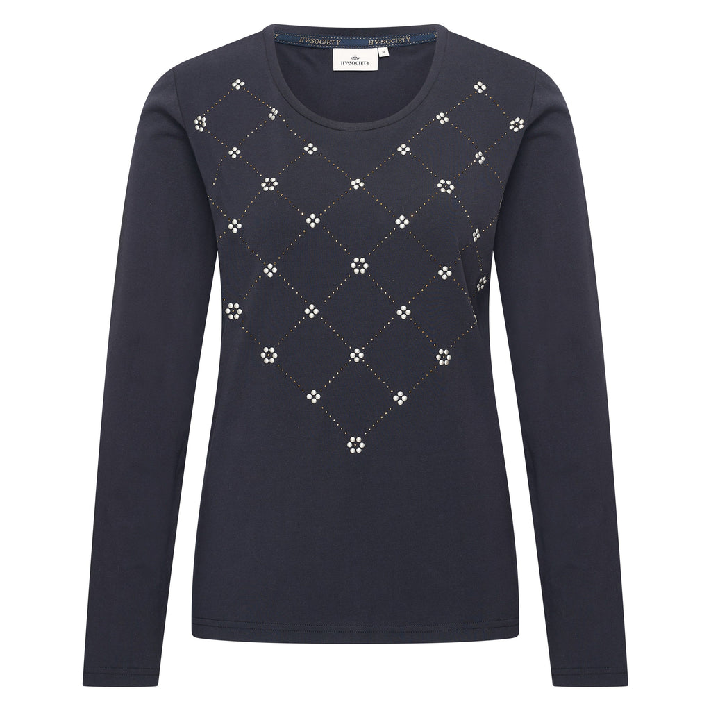 HV Society top donkerblauw met ruitmotief van bloemetjes en strass voor dames