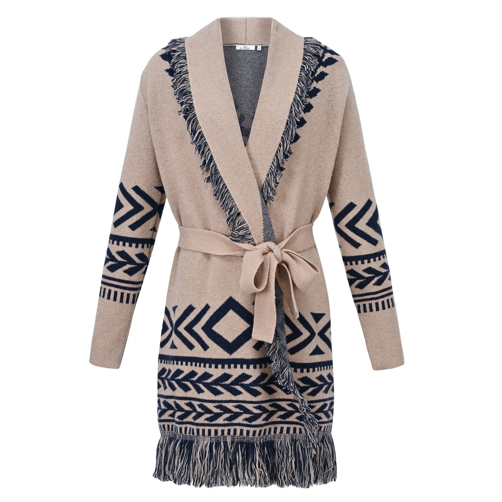 HV Society vest beige lang met donkerblauw jacquard, franjes en ceintuur voor dames