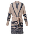 HV Society vest beige lang met donkerblauw jacquard, franjes en ceintuur voor dames