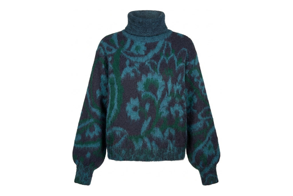 La Fée Maraboutée pull pétrole avec jacquard floral et col roulé pour femme