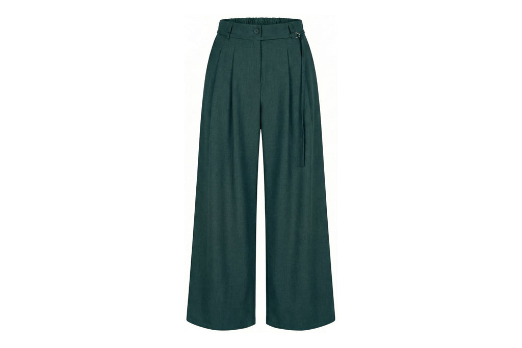 La Fée Maraboutée broek groen met hoge taille, plooien en wijde pijpen voor dames