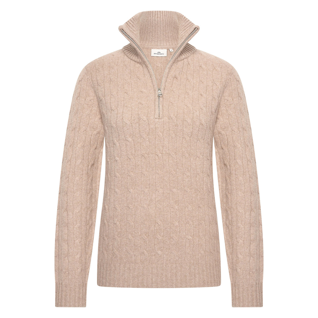 HV Society trui beige met kabelpatroon en korte rits voor dames
