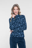 Geisha top met dessin, rhinestones en turtle neck in dark blue/silver