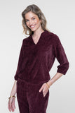 Geisha veloursachtige top met V-snit en 3/4 mouwen in burgundy