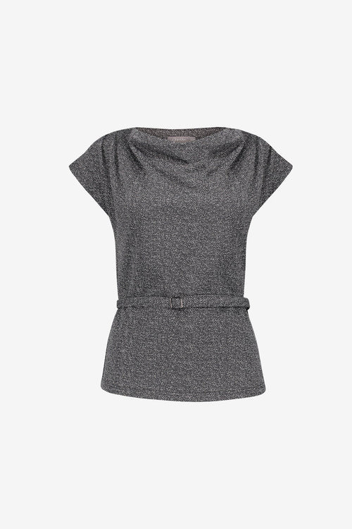 Geisha top met ceintuur en watervalhals in black/off white