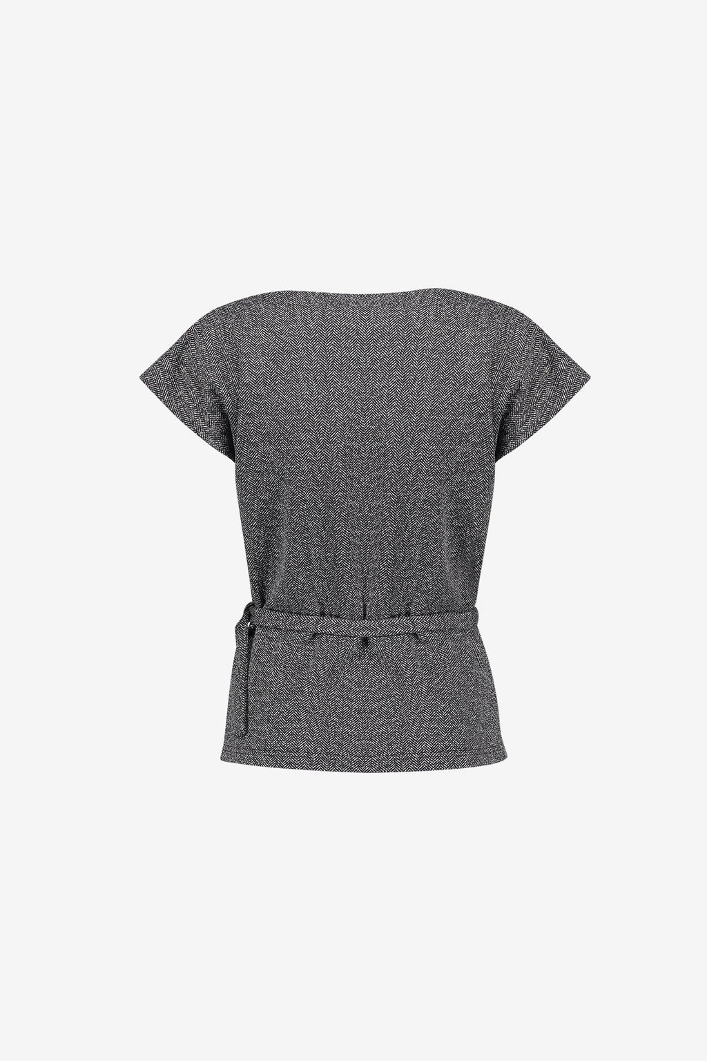 Geisha top met ceintuur en watervalhals in black/off white