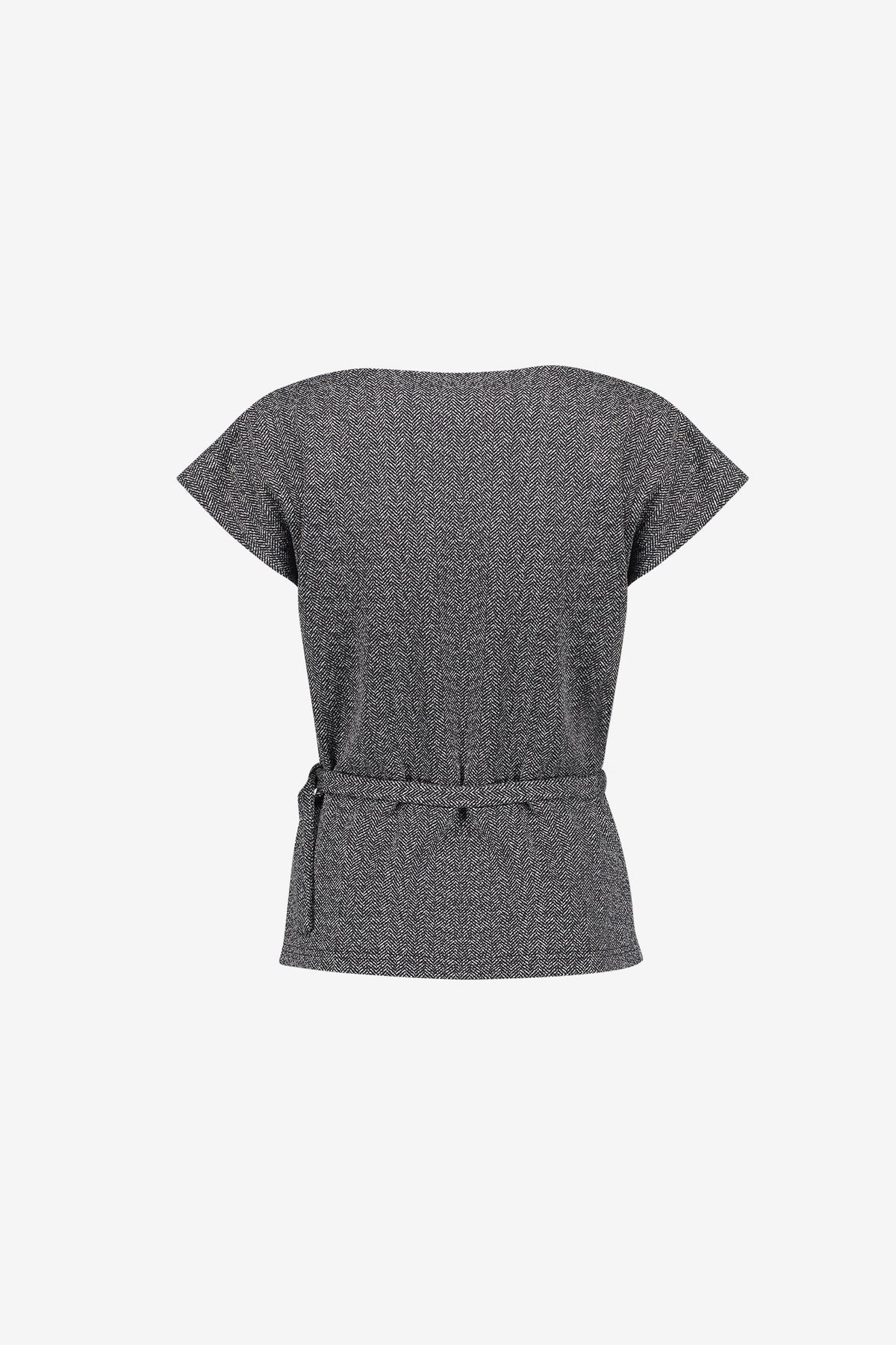 Geisha top met ceintuur en watervalhals in black/off white