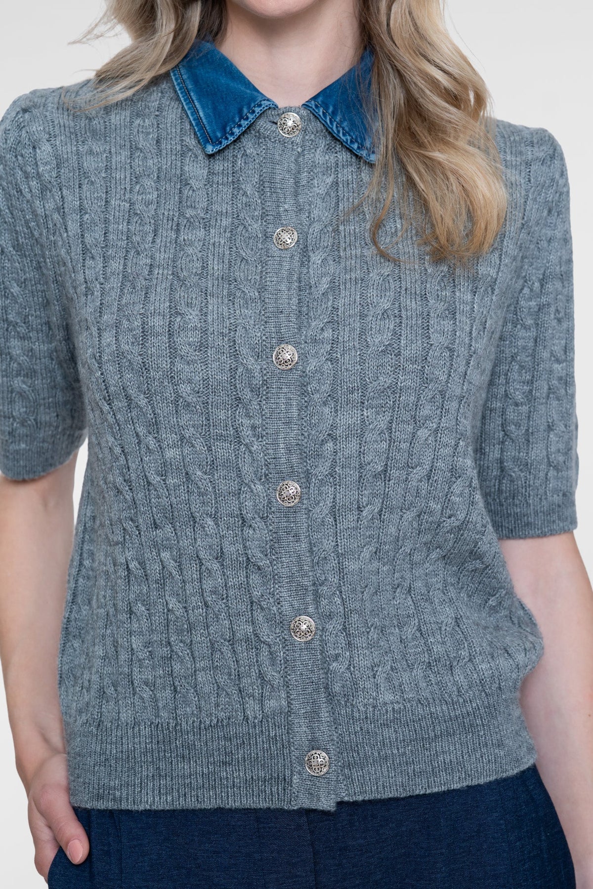 Geisha gebreid vest lichtgrijs denim 6