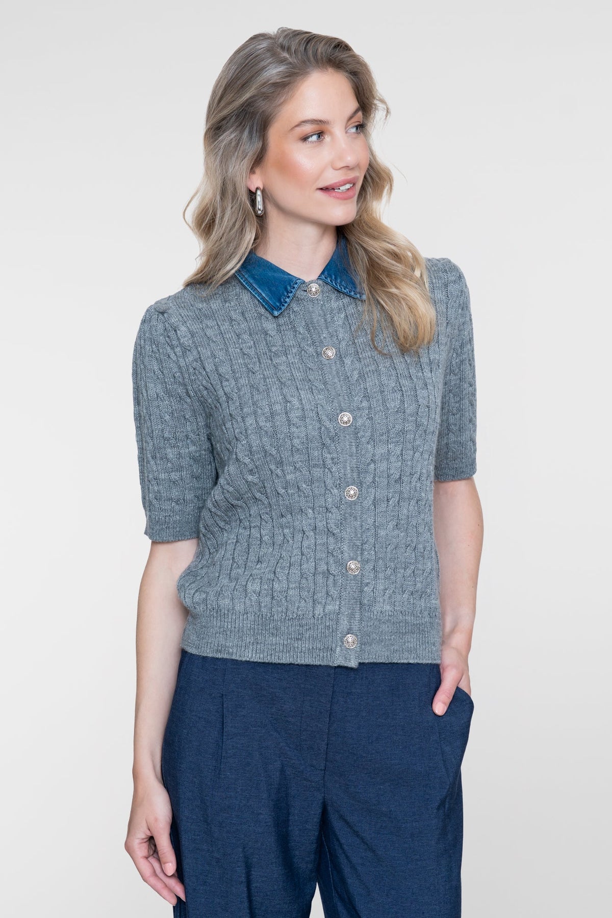 Geisha gebreid vest lichtgrijs denim 7