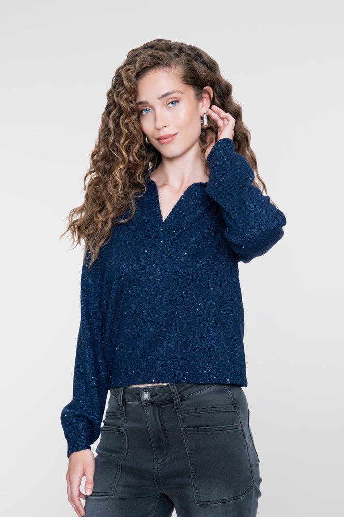 Geisha trui met V-hals, lurex en pailletten in donkerblauw
