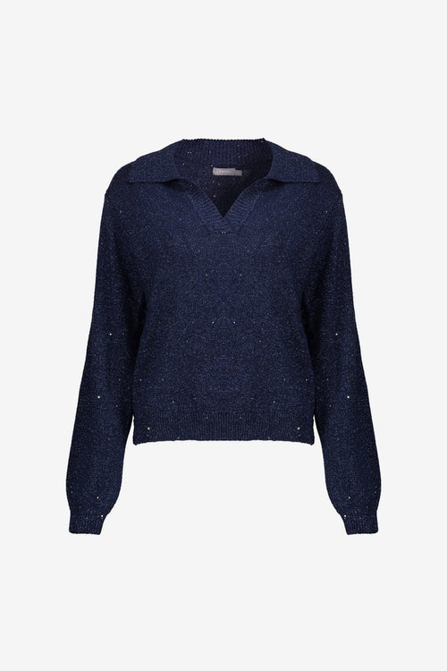 Geisha trui met V-hals, lurex en pailletten in donkerblauw