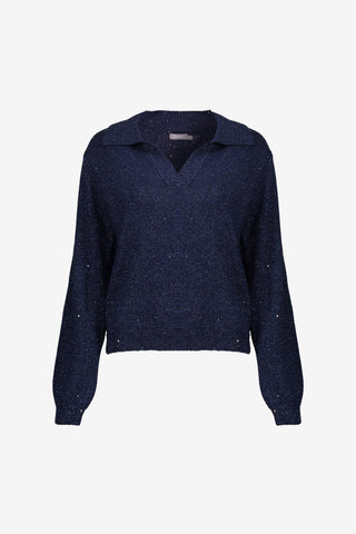 Geisha trui met V-hals, lurex en pailletten in donkerblauw