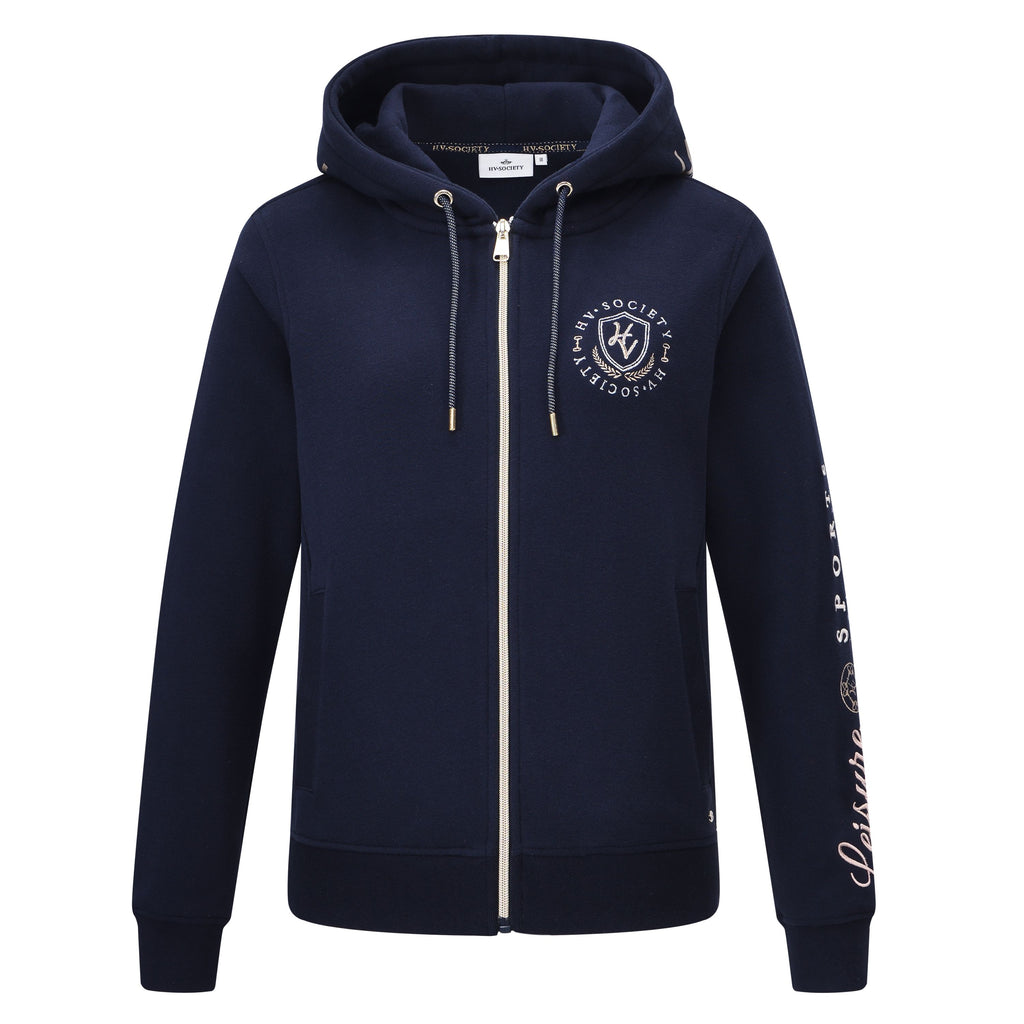 HV Society vest donkerblauw met kap, rits en logoprint voor dames