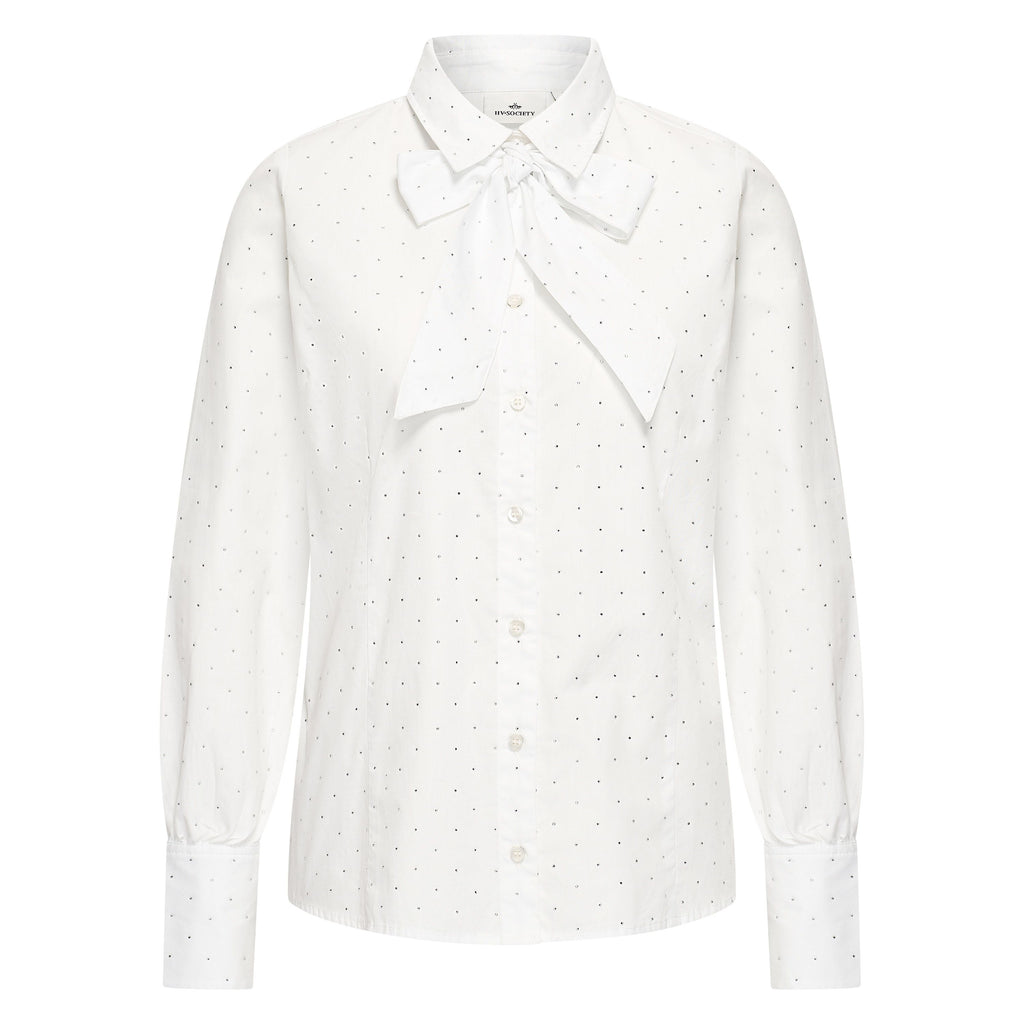 HV Society blouse wit met strikkraag en fijn stippenmotief voor dames