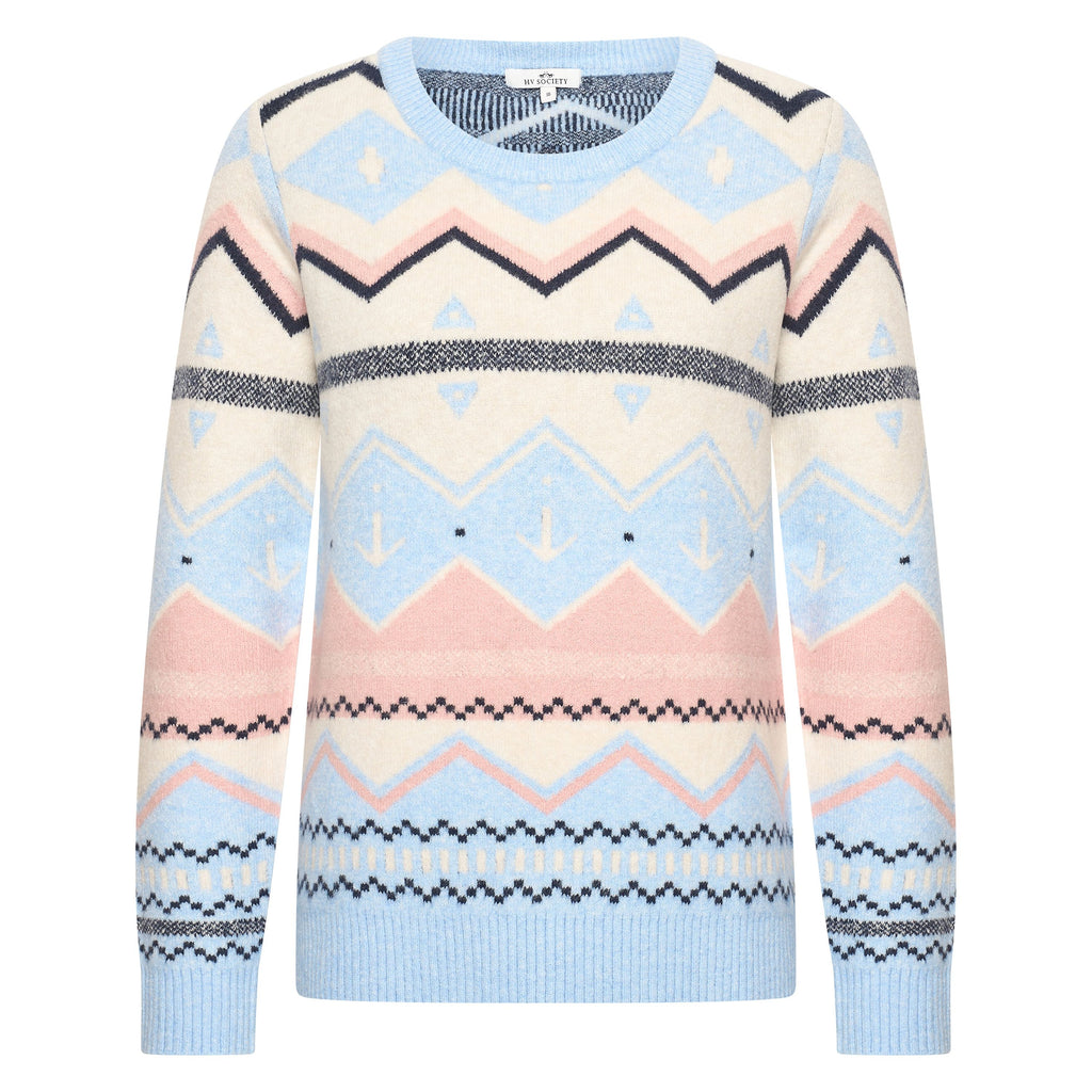 HV Society trui lichtblauw met zigzag jacquard in ecru en roze voor dames