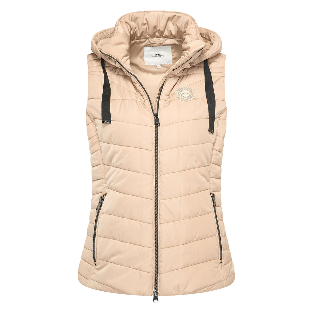 HV Society bodywarmer champagne met capuchon en zwarte contrastlinten voor dames