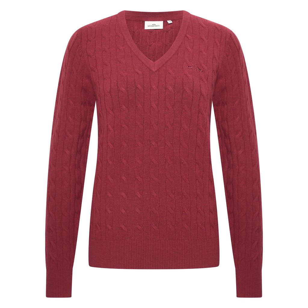 HV Society trui bordeaux met kabelmotief en V-hals voor dames