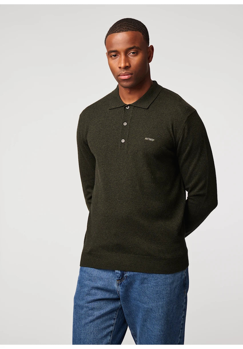 Antwrp Merino Knitted Polo Donkergroen - detail 1