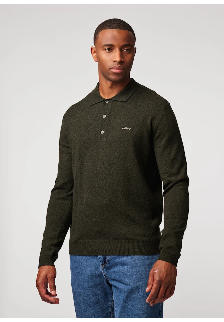 Antwrp Merino Knitted Polo Donkergroen - detail 2