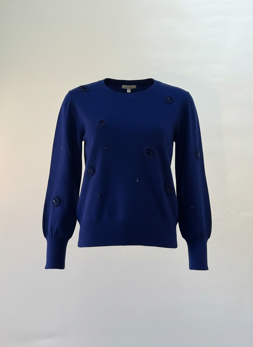 Leo & Ugo pull cobalt à fleurs appliquées et strass pour femme