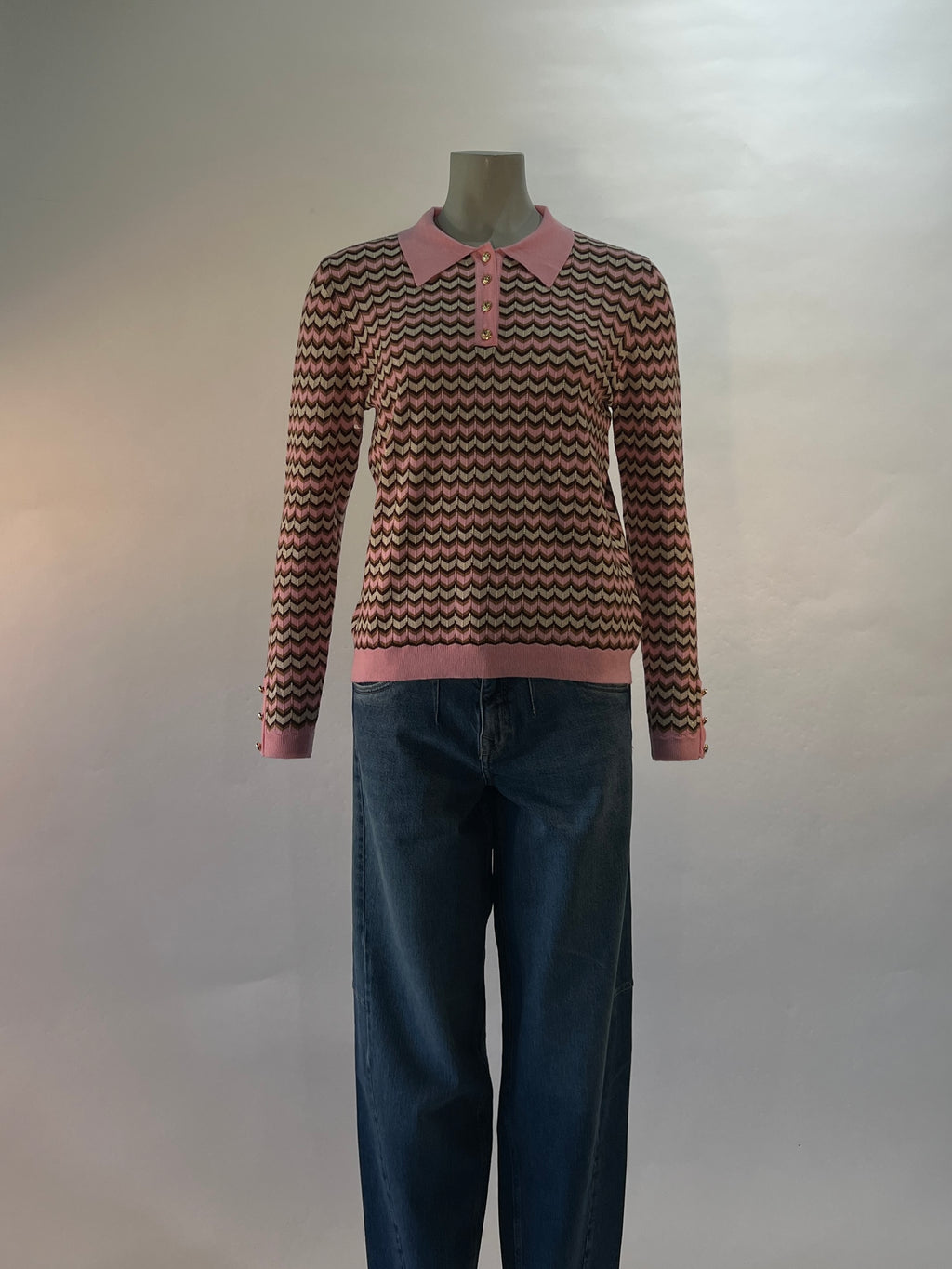Leo & Ugo pull rose à motif zigzag et col polo pour femme