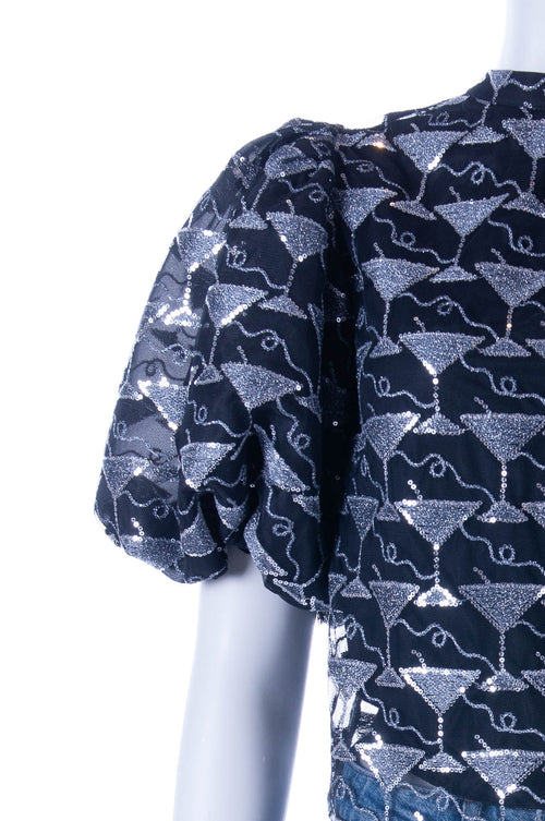 Fabienne Chapot top zwart met glitterende cocktailprint en pofmouwen voor dames