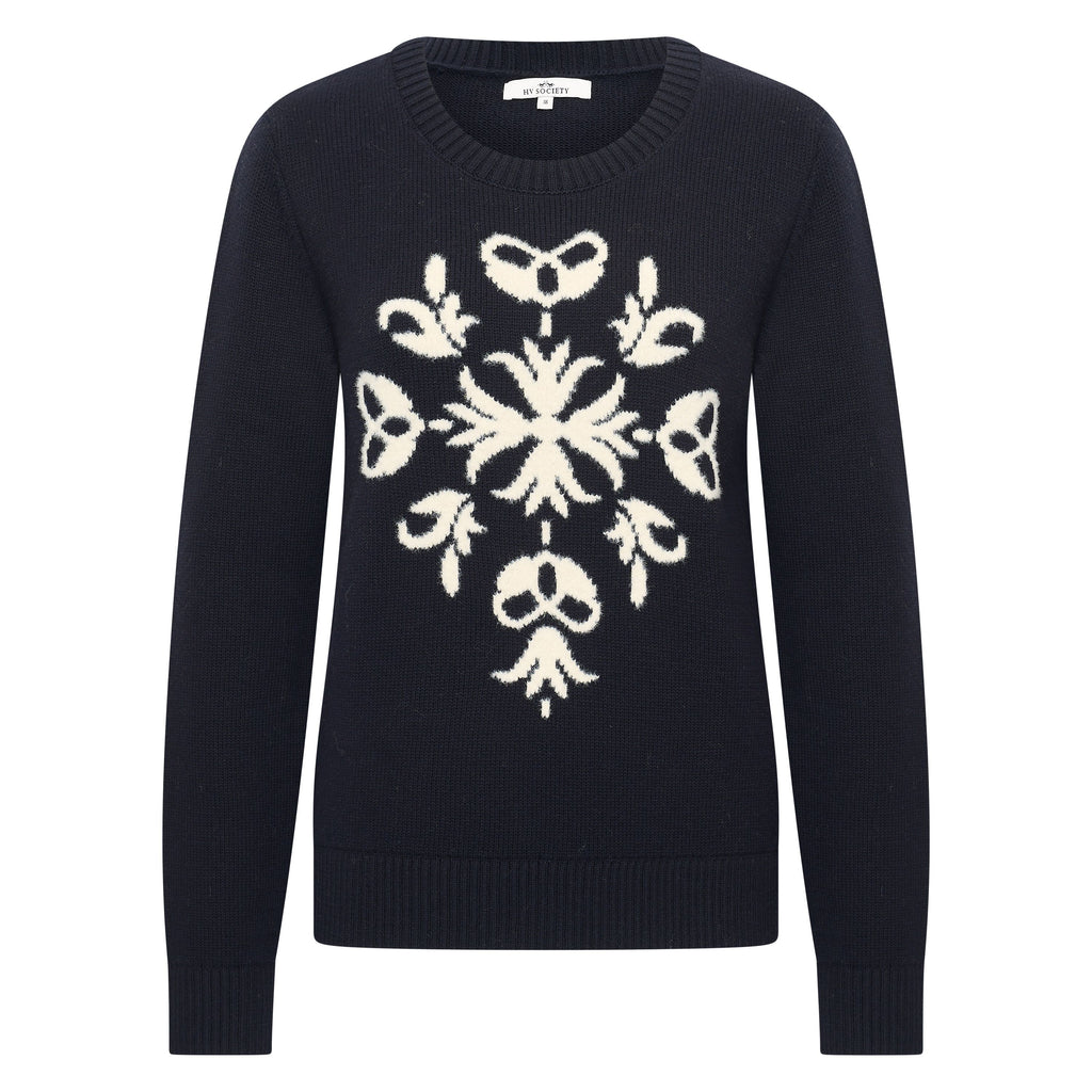 HV Society trui donkerblauw met ecru motief en ronde hals voor dames
