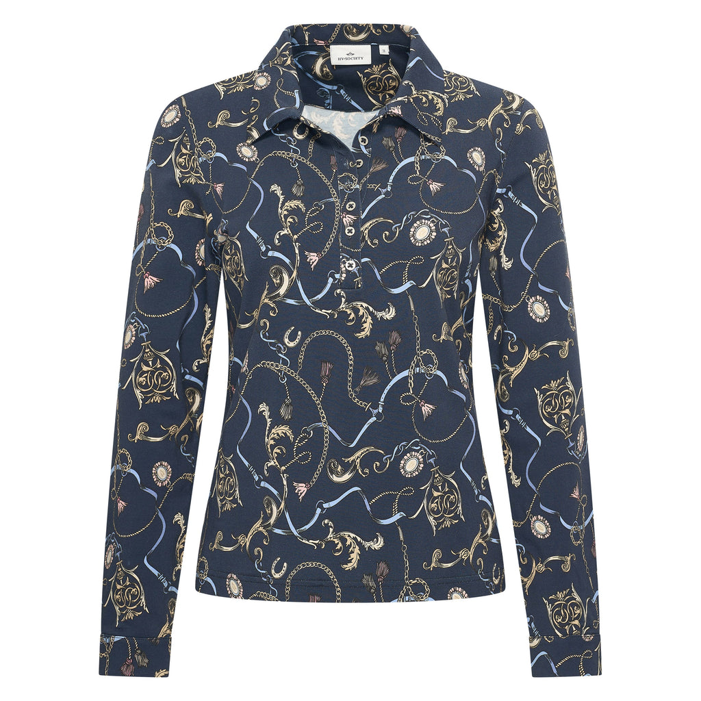 HV Society top donkerblauw met kettingprint en polokraag voor dames