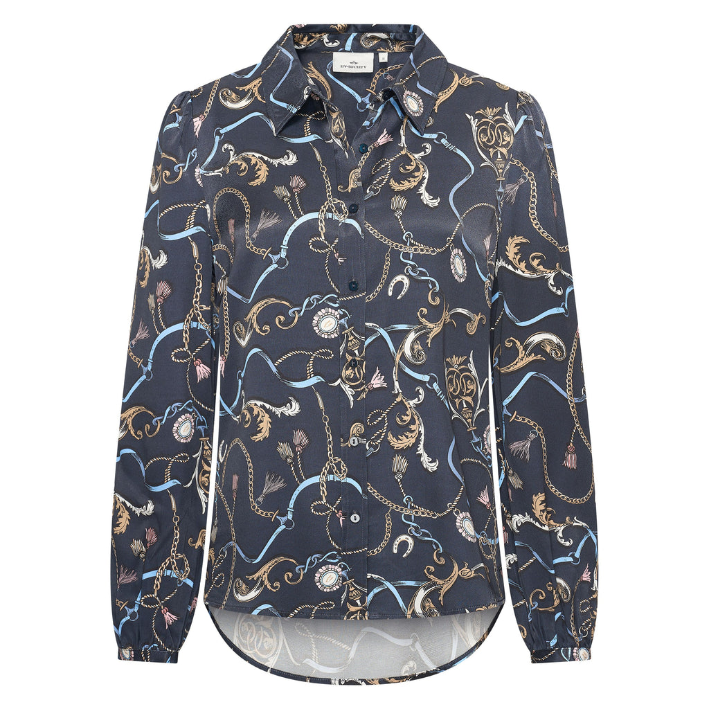 HV Society blouse donkerblauw met kettingprint en ballonmouwen voor dames