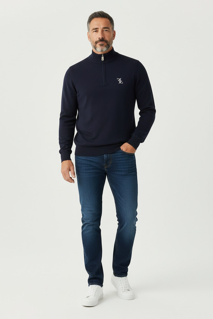 Billionaire trui donkerblauw met halve rits en wit logo voor heren