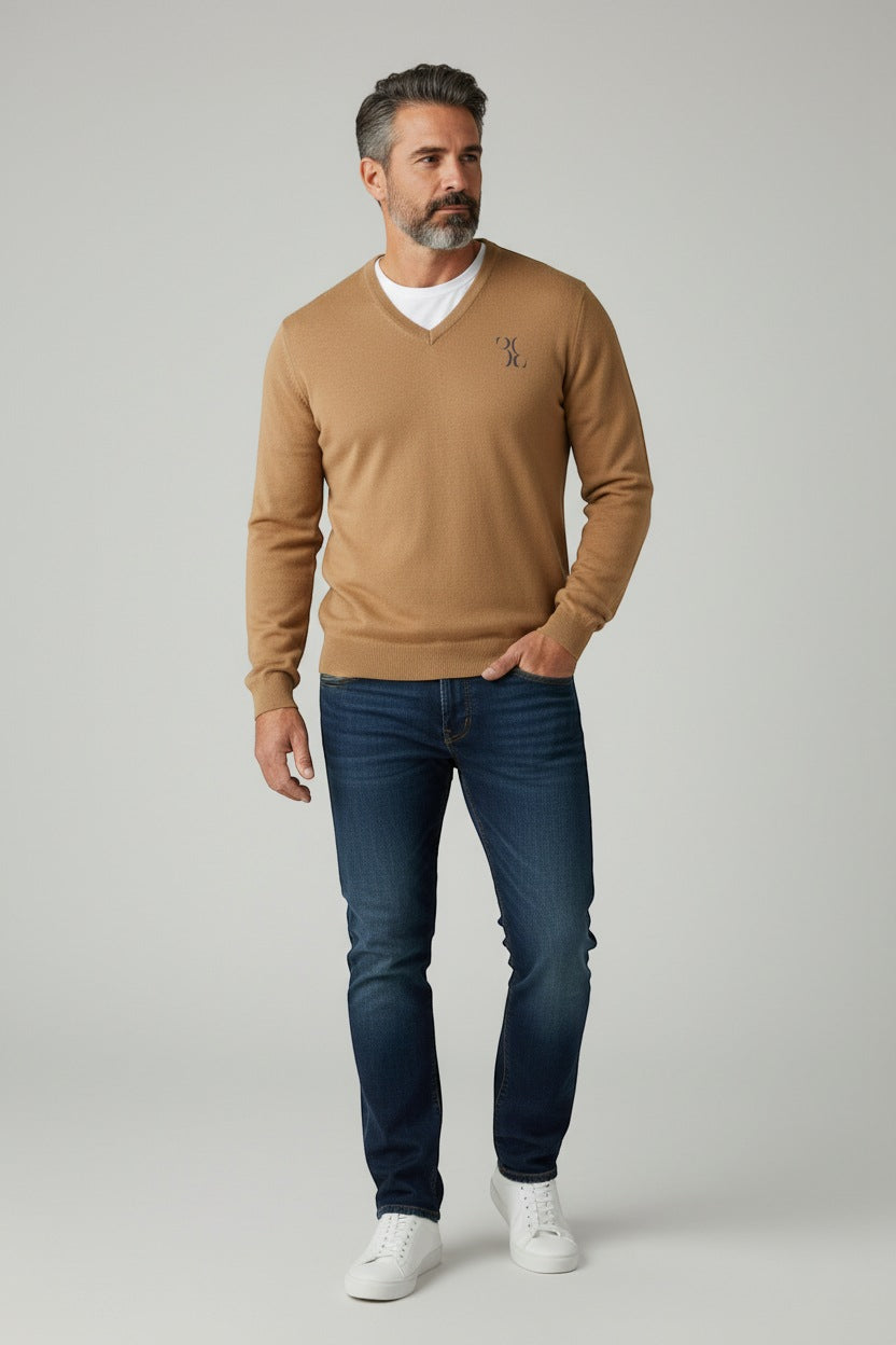 Billionaire trui beige met V-hals en grijs geborduurd logo voor heren