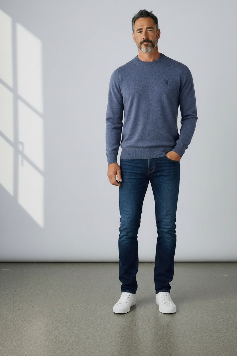 Billionaire trui blauw met ronde hals en donkerblauw logo voor heren