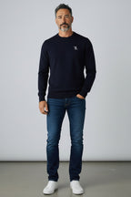 Billionaire trui donkerblauw met ronde hals en wit geborduurd logo voor heren