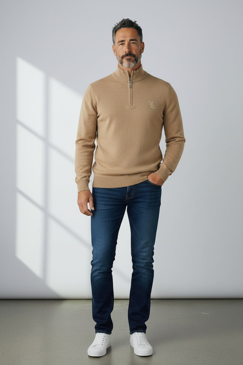 Billionaire trui beige met halve rits en geborduurd logo voor heren