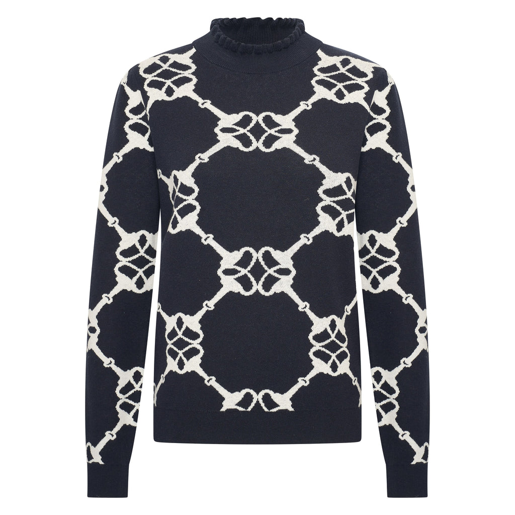 HV Society trui donkerblauw met ecru kettingmotief en ruchekraag voor dames