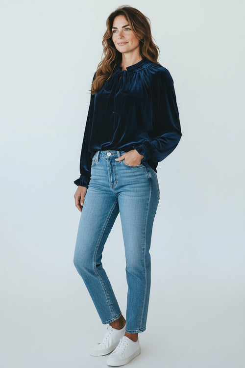 Hale Bob fluwelen blouse blauw met smokwerk voor dames
