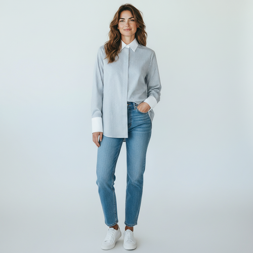 Riani blouse grijs gestreept met witte kraag en manchetten voor dames