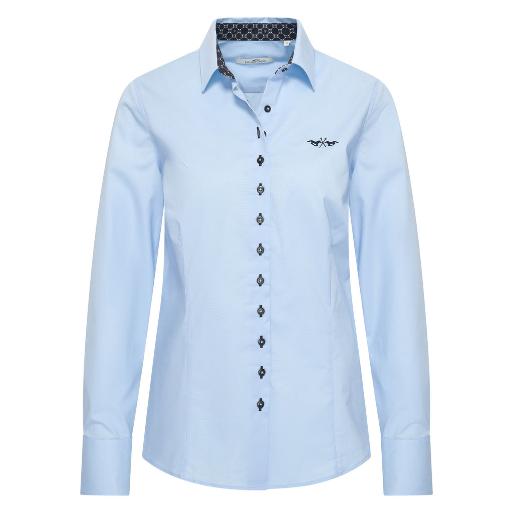 HV Society blouse lichtblauw met contrastknopen en geborduurd logo voor dames