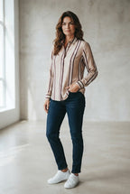 Marc Aurel blouse beige met verticale strepen en geborduurd logo voor dames