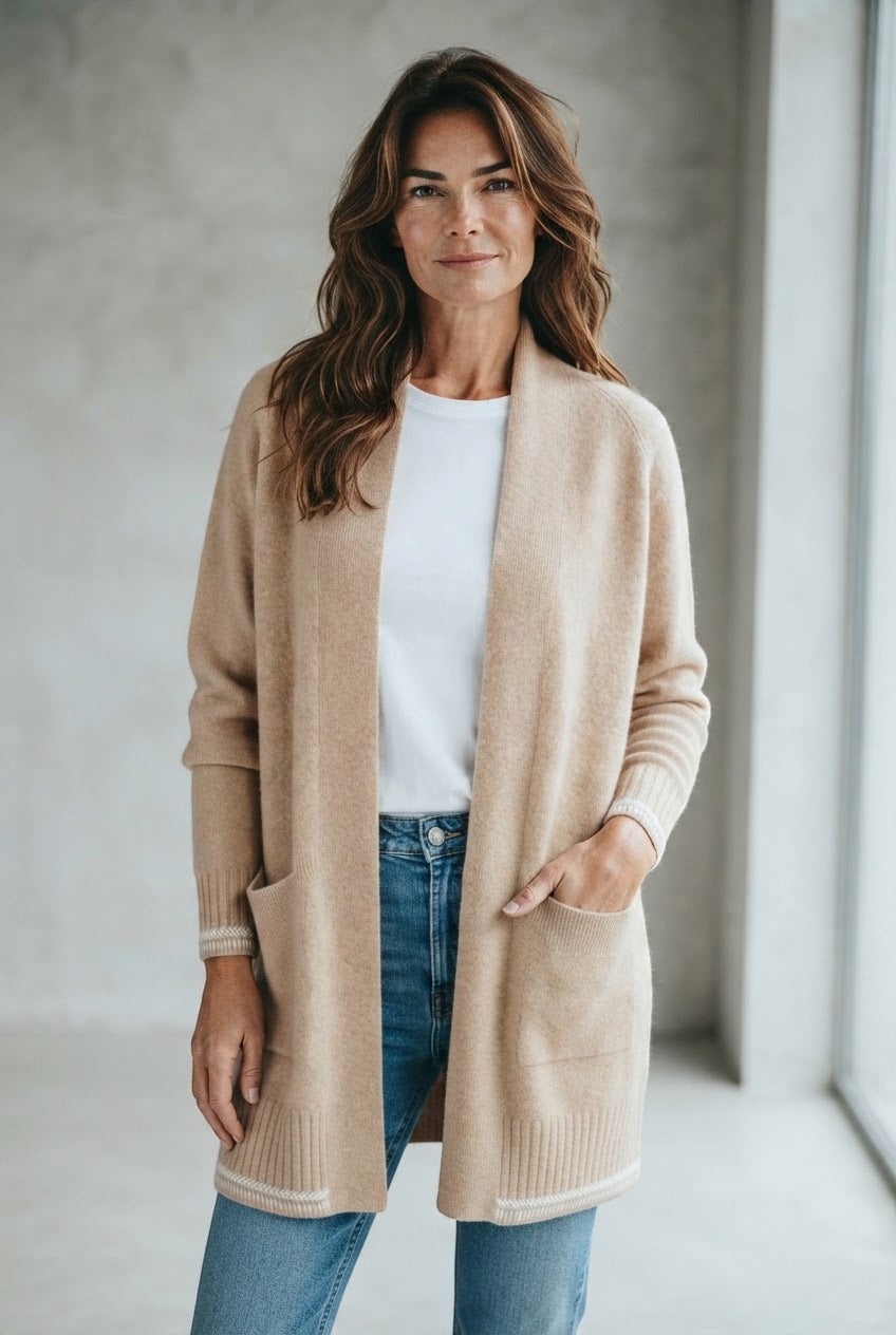 Marc Aurel cardigan beige met opgestikte zakken en gestreepte boorden voor dames