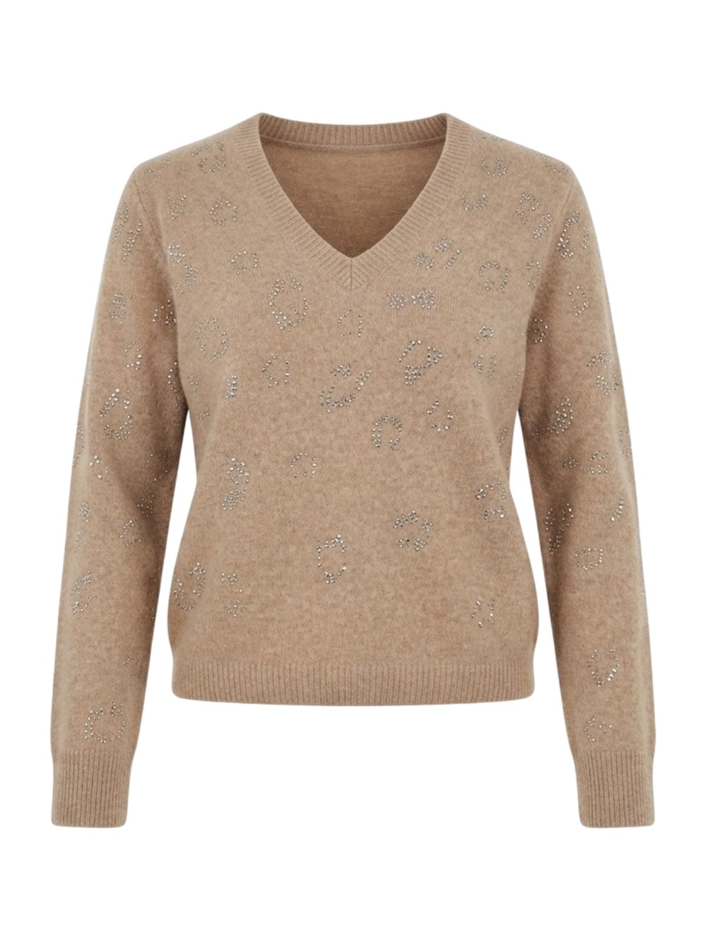 Princess pull beige à col V et strass scintillants pour femme