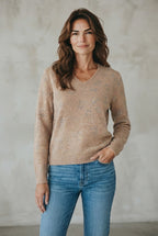 Princess pull beige à col V et strass scintillants pour femme