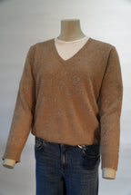 Princess pull beige à col V et strass scintillants pour femme