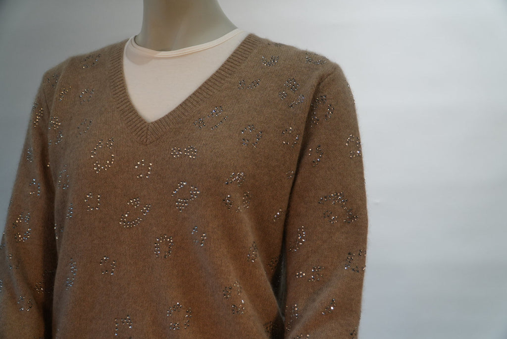Princess pull beige à col V et strass scintillants pour femme