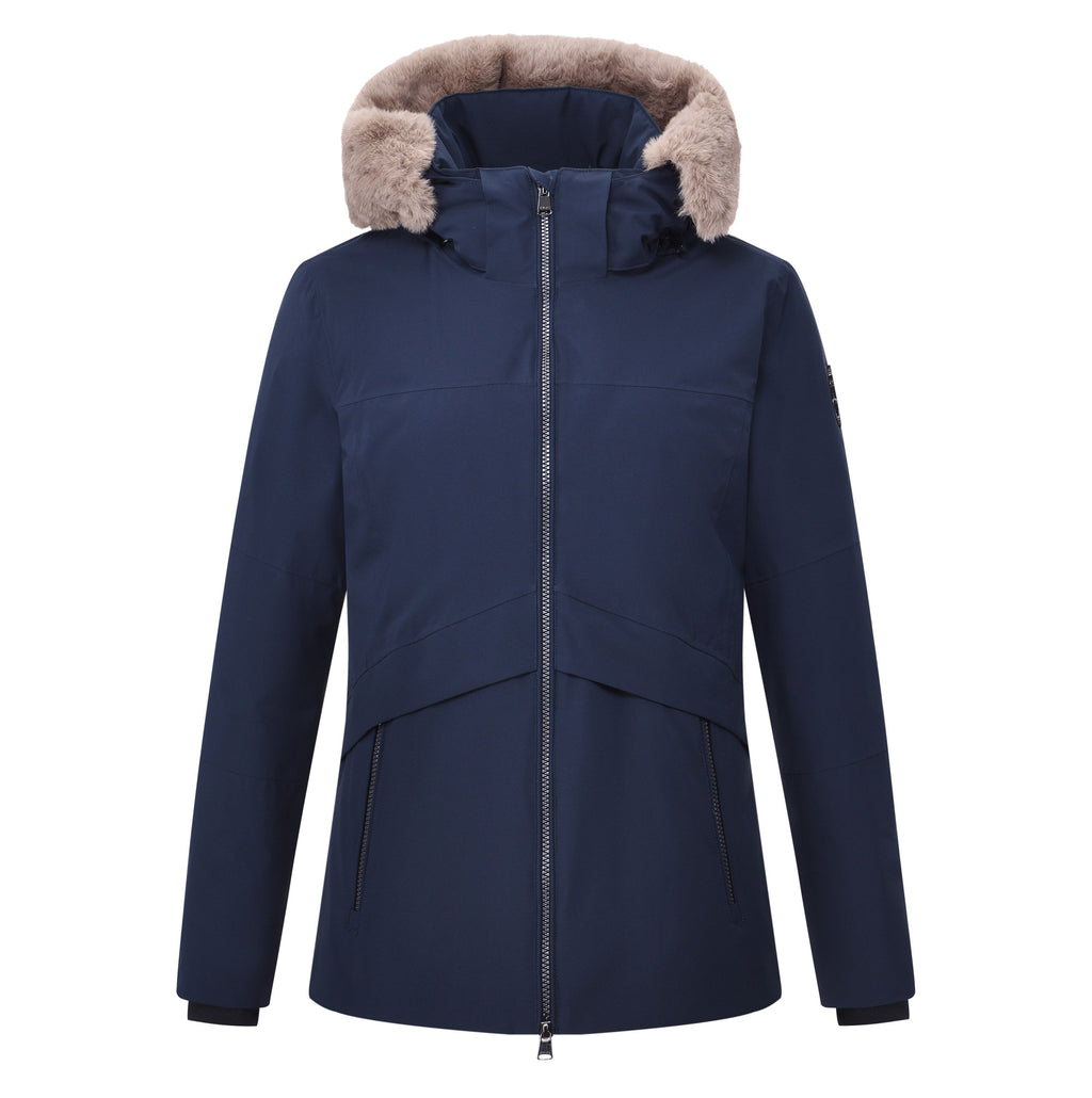 HV Society jas donkerblauw met kap en afneembare imitatiebontrand voor dames