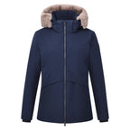 HV Society jas donkerblauw met kap en afneembare imitatiebontrand voor dames