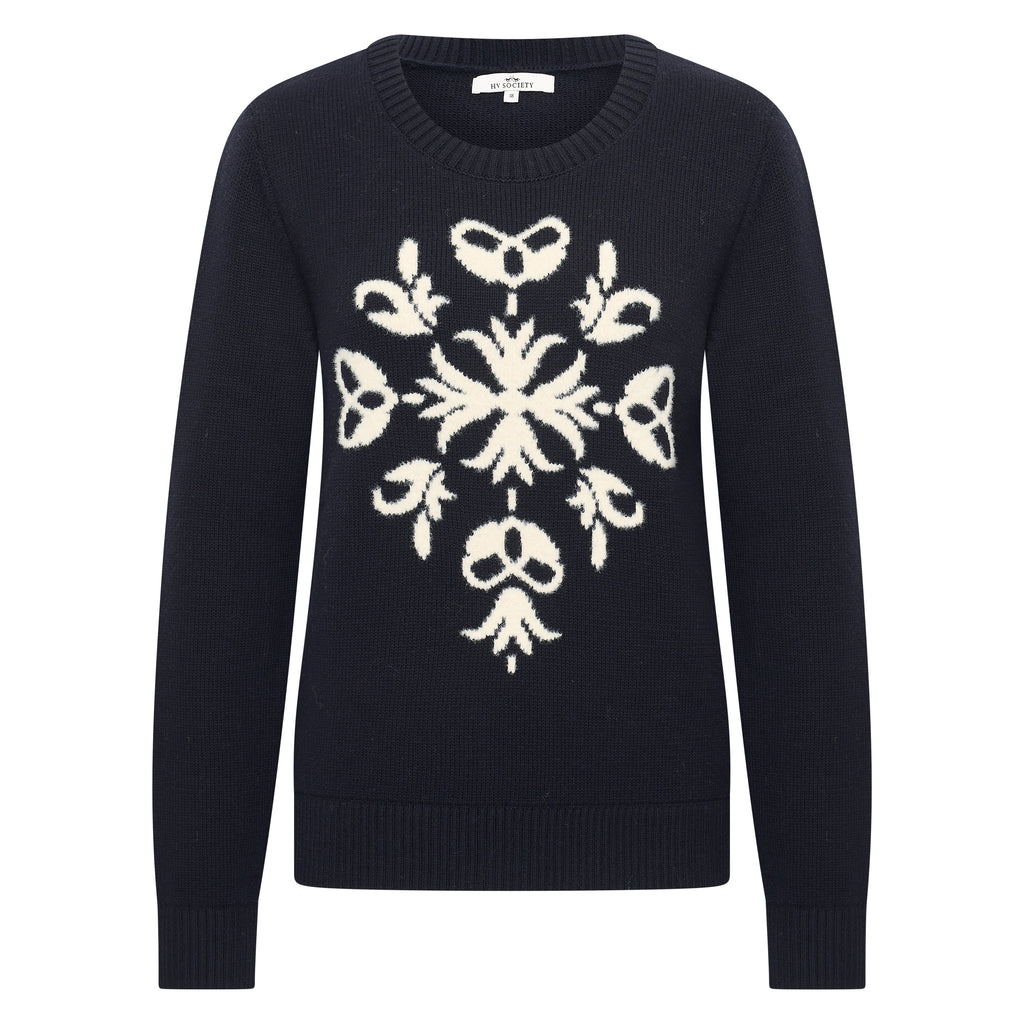 HV Society trui donkerblauw met ecru motief en ronde hals voor dames