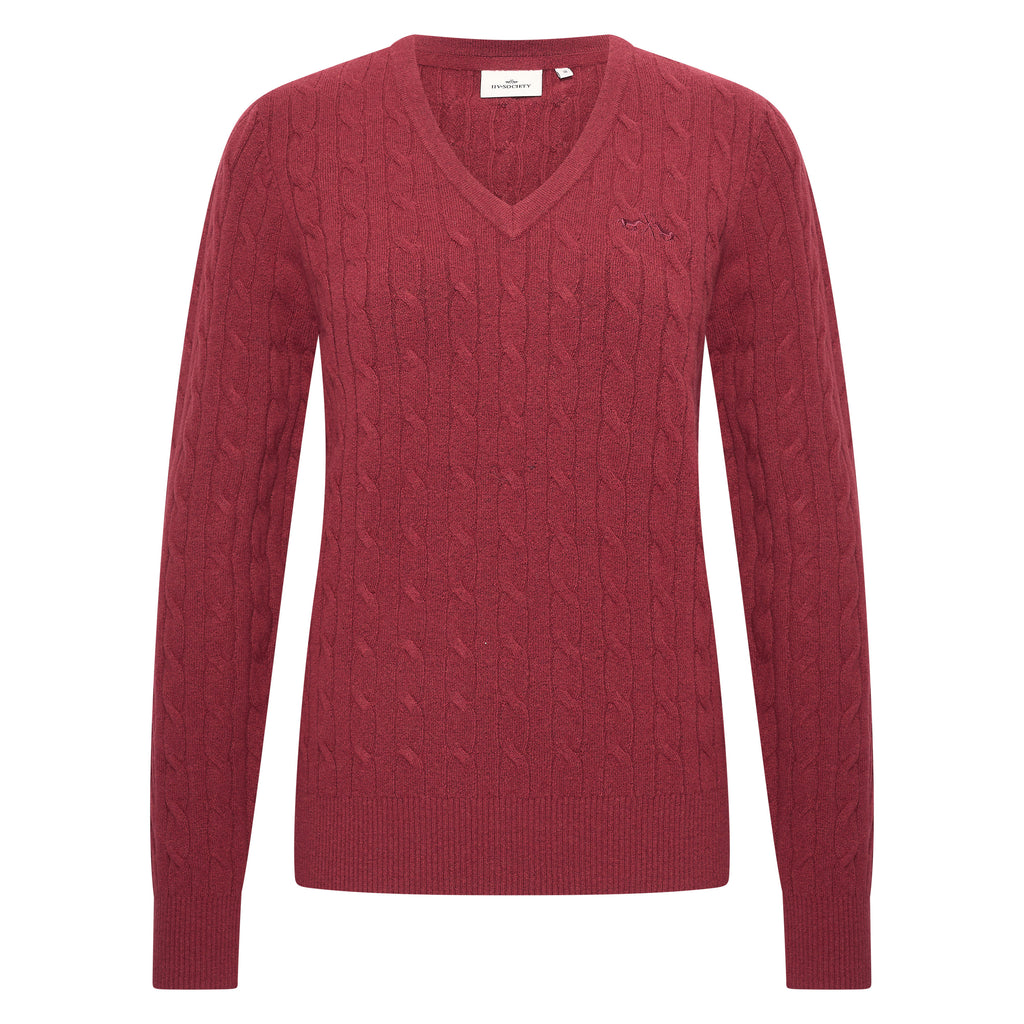 HV Society trui bordeaux met kabelmotief en V-hals voor dames